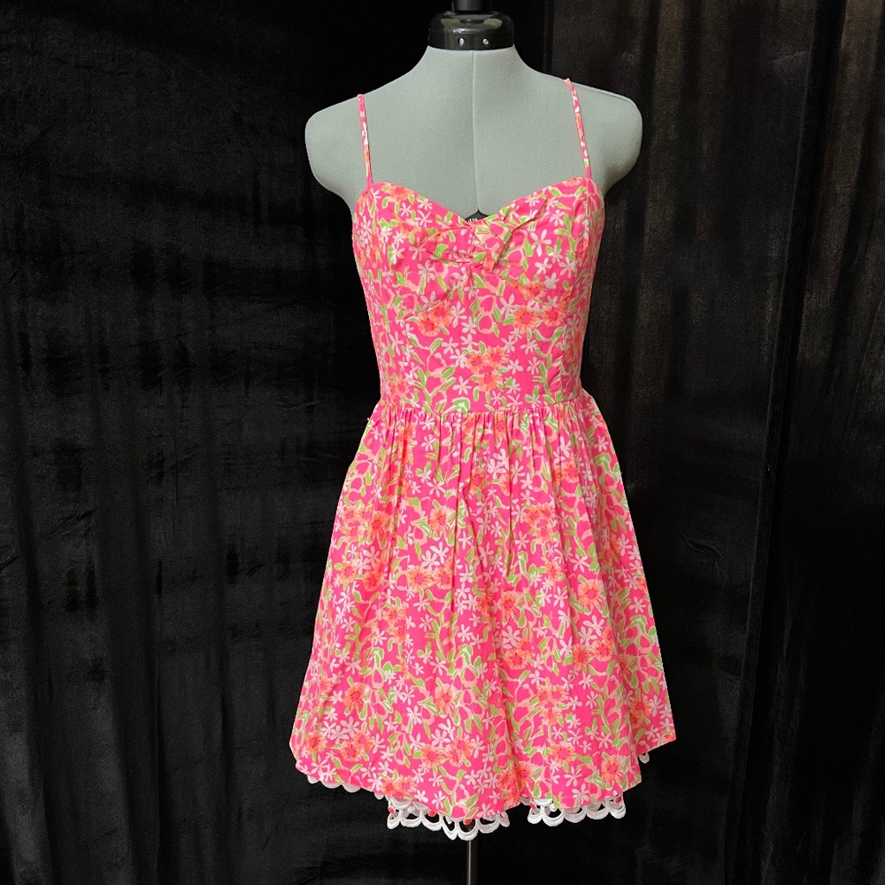 Lilly Pulitzer McCauley Dress Fiesta Pink Size 4 Fit & Flare Neon Floral Crochet